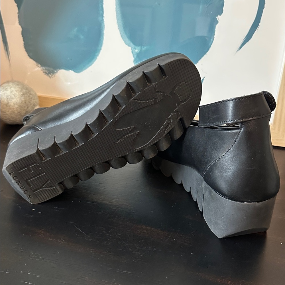 Fly London Black Leather Ankle Strap Platform Wedges - Picture 6 of 8